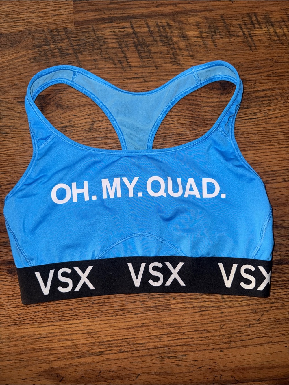 VSX Blue Racerback Sports Bra with "OH. MY. QUAD." Print 29.1.B11